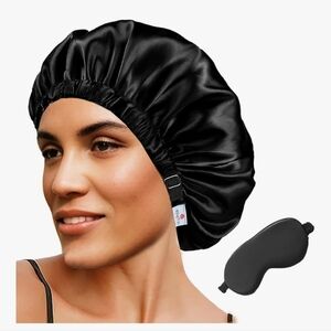 Black Satin Sleep Bonnet and Eye Mask Set